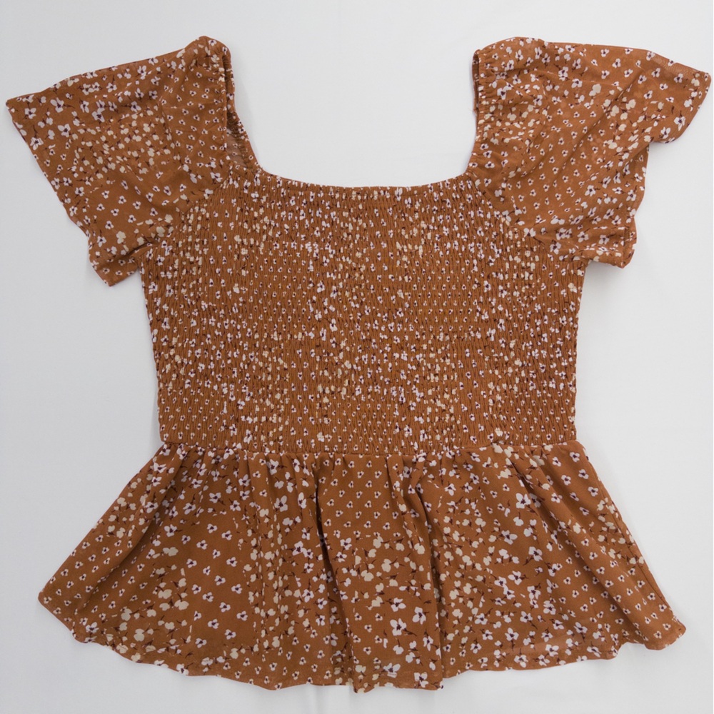 Ember Smocked Floral Ruffle Sleeve Brown Floral Top Cottagecore Size XL